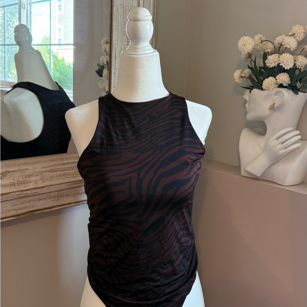 Express Small Contour‎ Brown Black Zebra Print Sleeveless Bodysuit Top